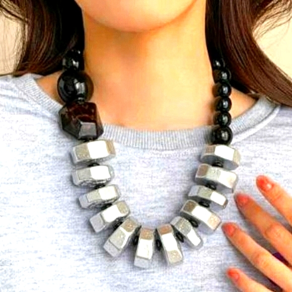"Errielle" Bead Black and Silver Statement Necklace - Picture 5 of 6